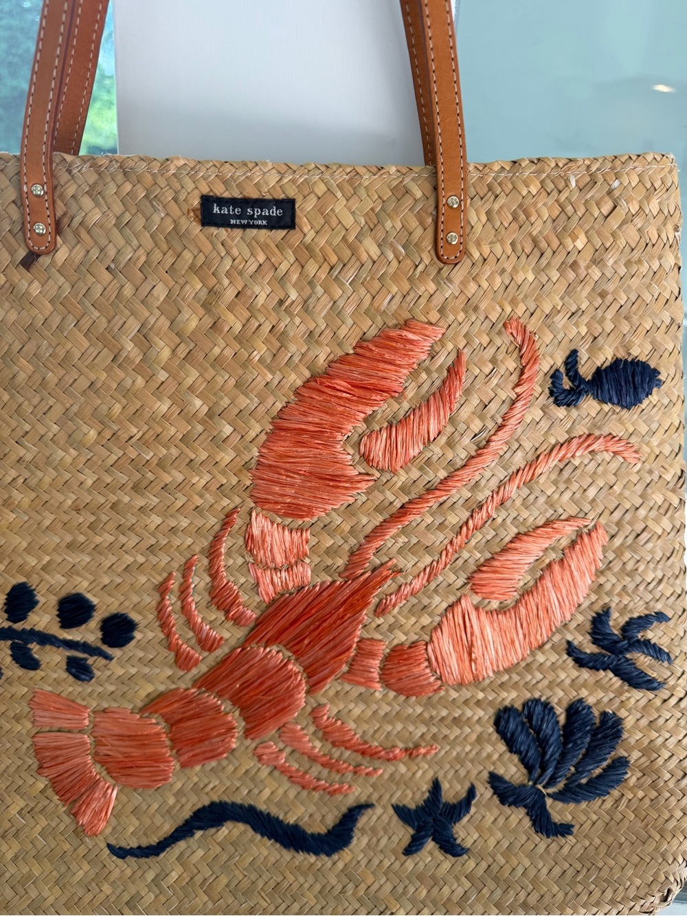 kate spade Reyna Cape Cod Coral & Navy Handmade Straw Tote with Tan Handles - Picture 2 of 5